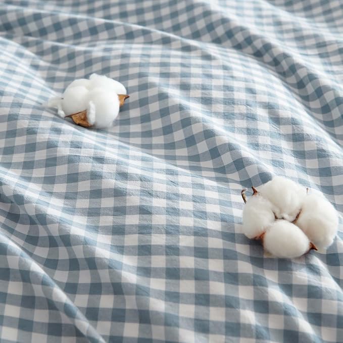 Nayoroom Gingham Duvet Cover King Size 100% Washed Cotton Blue Plaid Checkered - Image 5