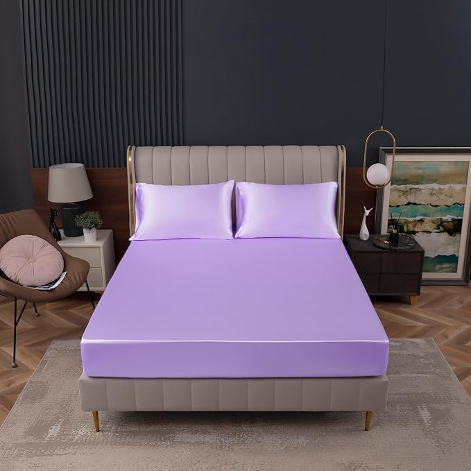 Homiest Lavender Satin Fitted Sheet Full Size, Deep Pocket, Luxury & Ultra Soft - Image 2