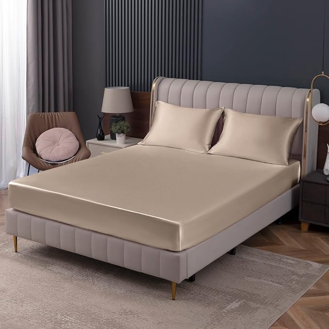 Homiest Taupe Satin Fitted Sheet King Size, Deep Pocket, Luxury & Ultra Soft by Homiest