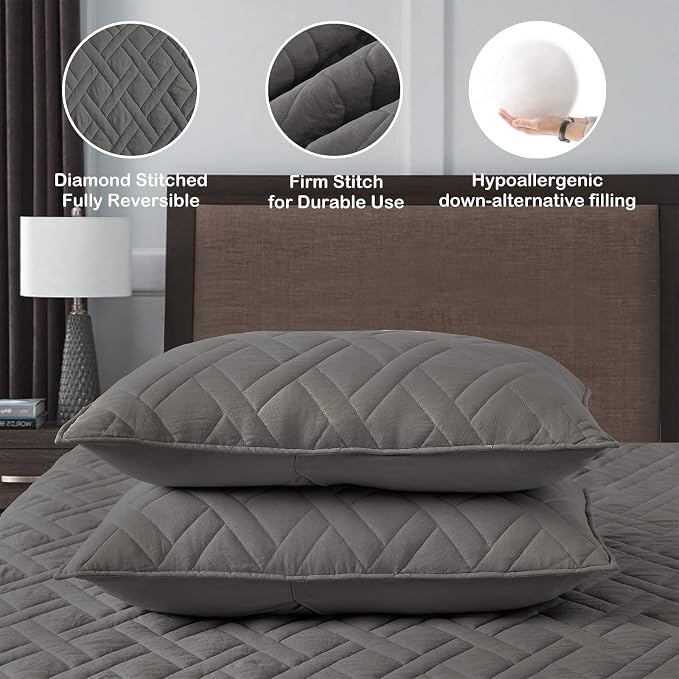 HORIMOTE HOME Quilt Set Queen Size Grey, Classic Geometric Diamond Stitched - Image 4