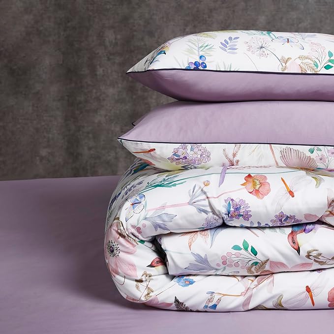 mixinni Queen Size Duvet Cover Purple Flowers Bird Bedding Sets Shabby Chic - Image 7