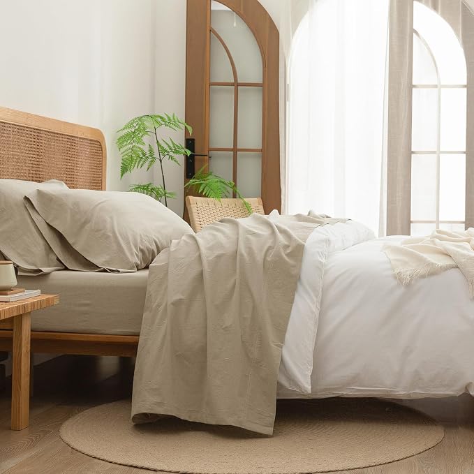 BESTOUCH Flat Sheet Only 100% Washed Cotton Linen Feel Wrinkle-Free, - Image 5