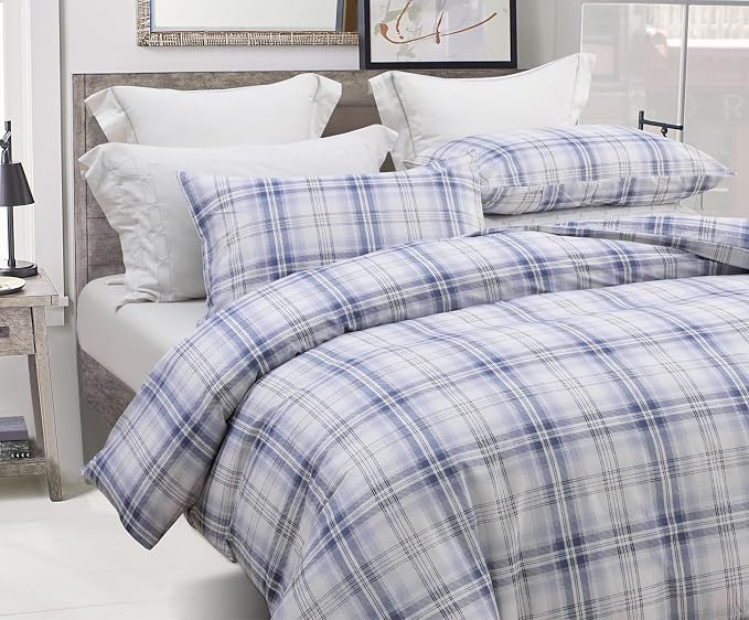SLEEPBELLA Blue White Grid Duvet Cover Set, 100% Cotton Bedding, Buffalo Plaid by SLEEPBELLA