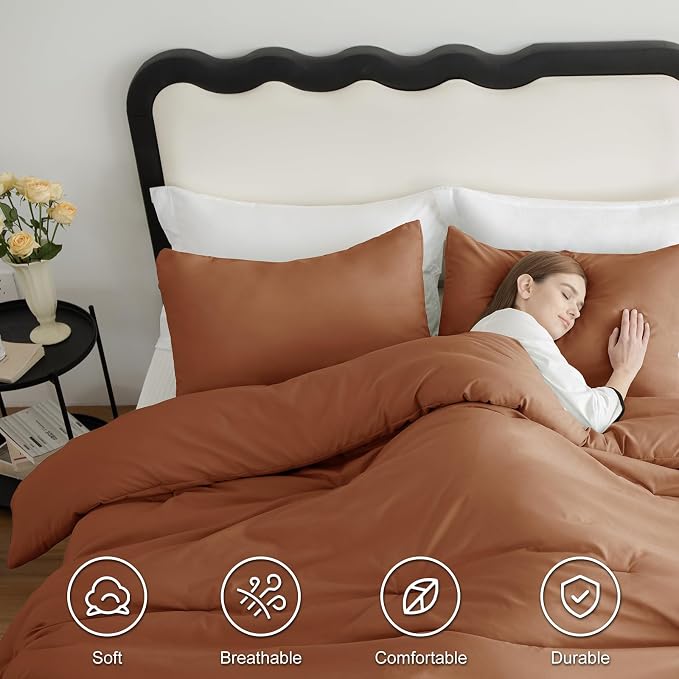 CozyLux Queen Comforter Set Pumpkin, 3 Pieces Solid Comforters Queen Size - Image 5