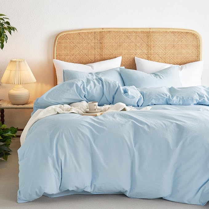 Wake In Cloud - Cotton Duvet Cover Set, Queen Size, Sky Blue, 100% Washed Cotton by WakeInCloud