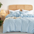 Wake In Cloud - Cotton Duvet Cover Set, Queen Size, Sky Blue, 100% Washed Cotton by WakeInCloud