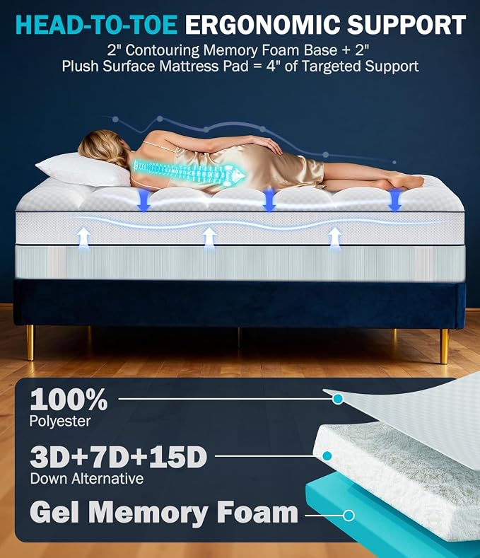 Dual Layer 4 Inch Memory Foam Mattress Topper Queen Size, CertiPUR-US Mattress - Image 6
