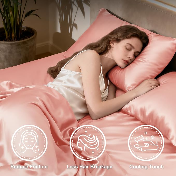 Love's cabin Twin XL 3Pc Satin Sheet Set, Coral Silky Satin Bed Sheets - Image 3