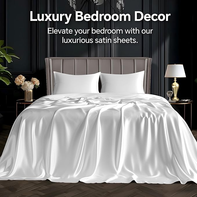 BEDELITE Satin Sheets Queen Size Bed Set, Luxury Soft White Silky Sheets - Image 2