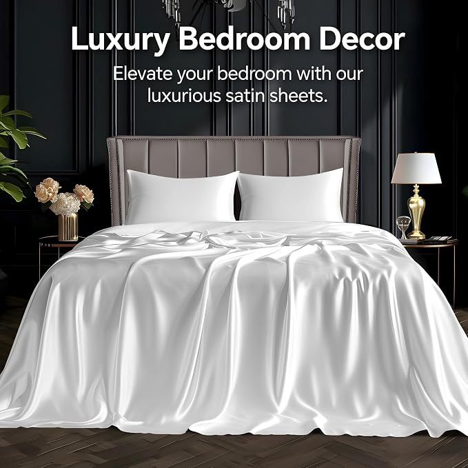 BEDELITE Satin Sheets Twin Size Bed Set, Luxury Soft White Silky Sheets - Image 2