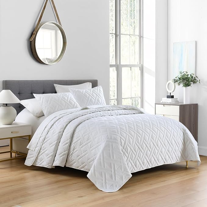 HORIMOTE HOME Quilt Set Queen Size White, Classic Geometric Diamond Stitched - Image 2