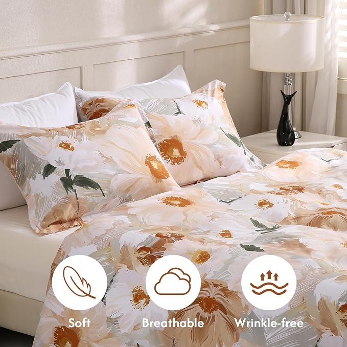 LONAVA Queen Flower 3 Pcs Duvet Cover Set, Breathable Soft Microfiber Biege - Image 3