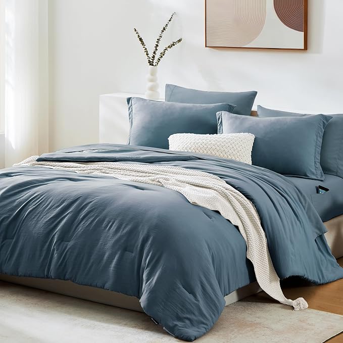 WRENSONGE King Size Comforter Set- 7 Pieces Soft Oxford Blue Bed in a Bag King - Image 2