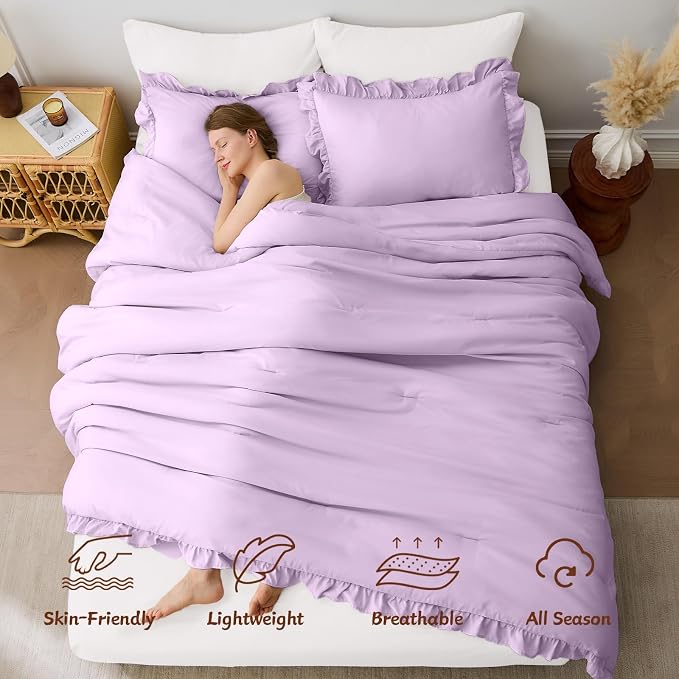 FUANNA King Size Comforter Set Lavender, 3 Pieces Ruffle King Bedding Set - Image 2