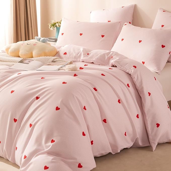Nayoroom Heart Duvet Cover Queen Size Cute Pink Striped Printed Bedding Set - Image 4