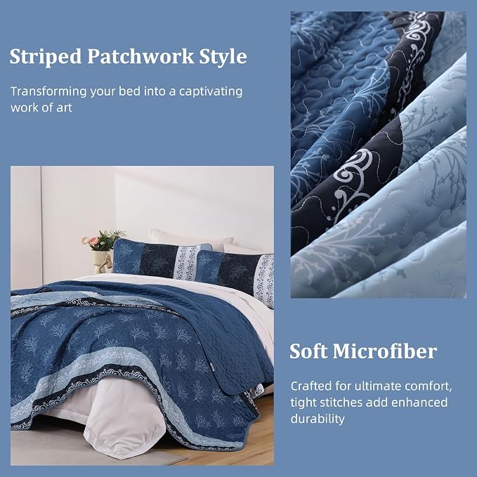 DJY Stripe Quilt Set King Size Blue Bedspread Coverlet Set 3 Pieces Boho Branch - Image 7