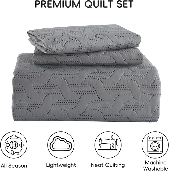 Yiran Grey Quilt Set Queen Size Lightweight Bedspread Ultrasonic Wave Pattern - Image 8