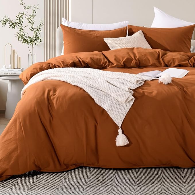 NEXHOME PRO Terracotta Burnt Orange Duvet Cover Set King Size Linen Textured - Image 4