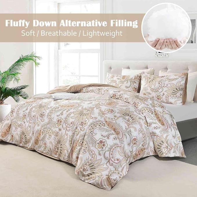 Nanko Paisley Comforter Set Queen Size 3 Pcs, Tan Taupe Classy Boho Damask - Image 2