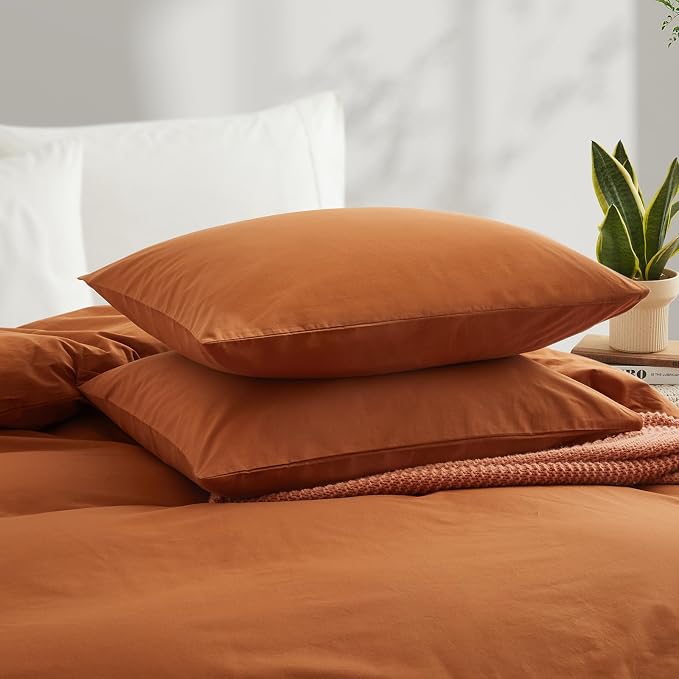 LOVQUE Burnt Orange Cotton Duvet Cover King Size, Linen Like Natural Bedding Set - Image 3