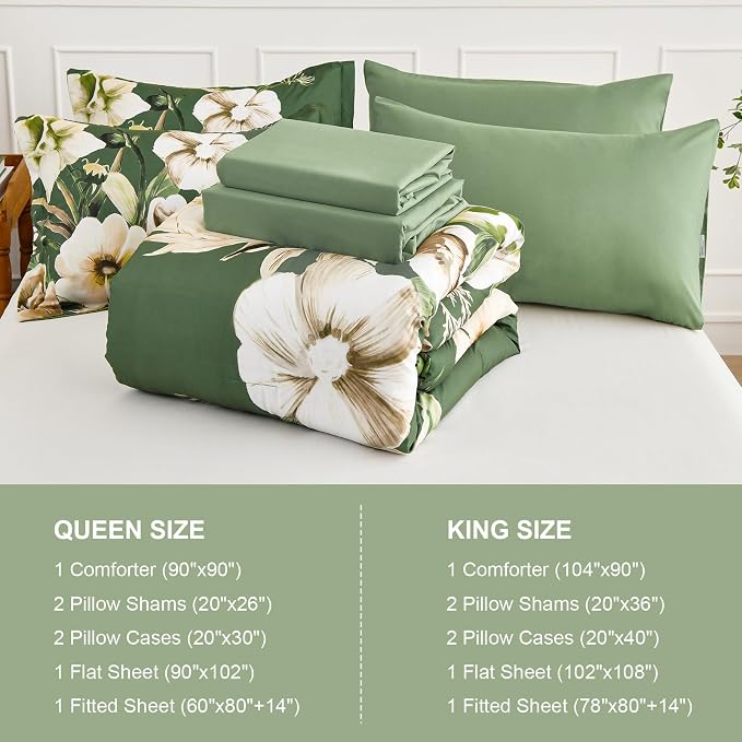 Luxudecor Floral Comforter Set King Size 7 Piece, Olive Green Flower Bed in a - Image 7