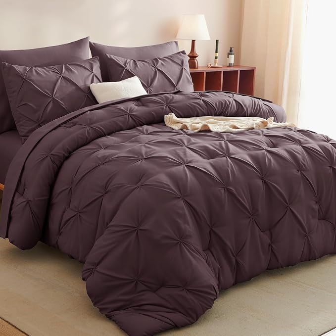 CozyLux King Size Comforter Set Cocoa Powder, 7 Pieces Pintuck Bed in A Bag by CozyLux