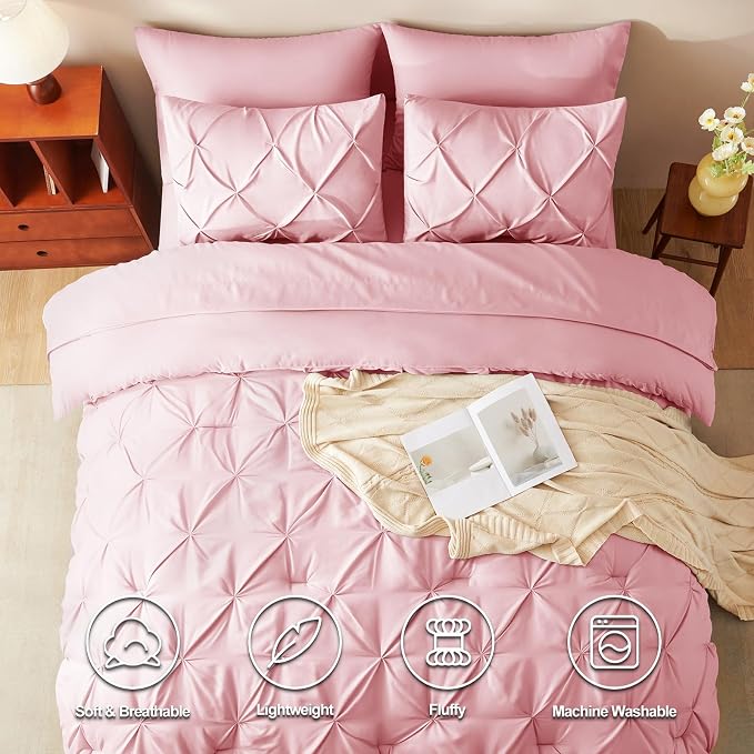HIMEET Pintuck Bed in a Bag, 7 Pieces Full Size Comforter Set Pink, Luxury - Image 2