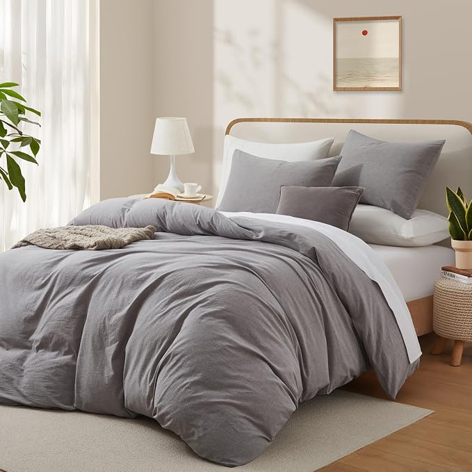 LOVQUE Light Grey Cotton Duvet Cover Queen Size, Linen Like Natural Bedding Set - Image 2