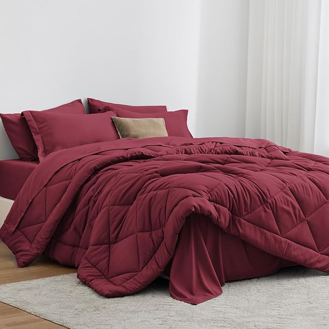 Love's cabin Full Comforter Set Burgundy, 7 Pieces Full Bed in a Bag, All by Lovescabin
