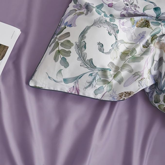 mixinni Garden Style Purple Floral Printed on White Duvet Cover Queen Size - Image 3