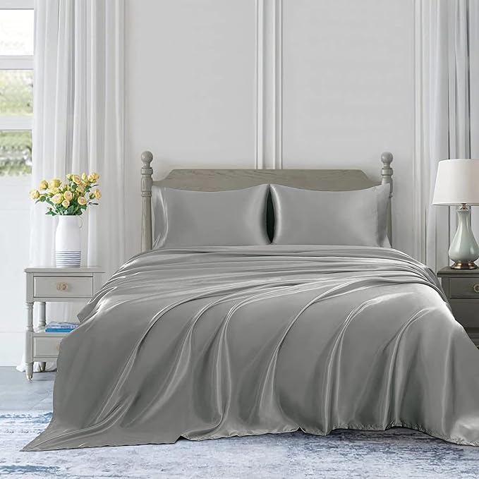 Homiest Light Grey Satin Flat Sheet King Size, Luxury & Ultra Soft Bedding - Image 5