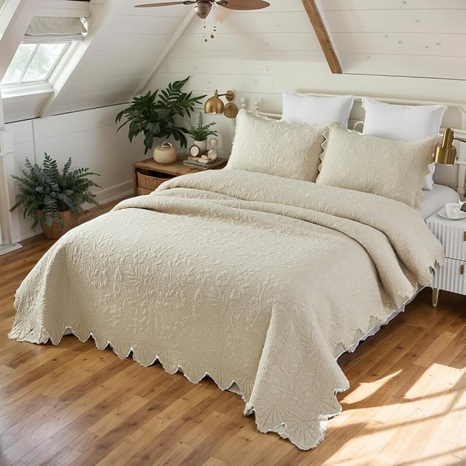 Brandream Queen Size Quilt Set Cotton Beige Quilts Luxury Farmhouse Bedding Set - Image 6