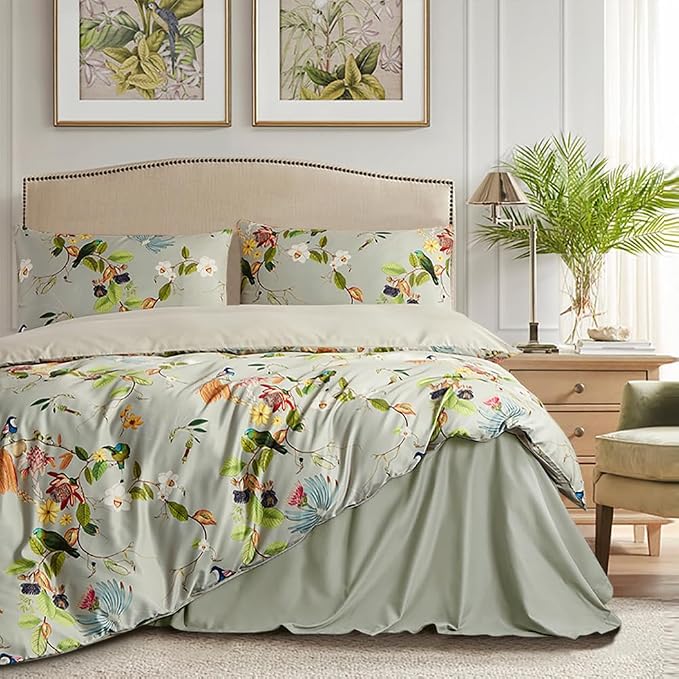 mixinni Garden Style Floral Birds 3 Pieces Duvet Cover King Size Green Leaves by mixinni
