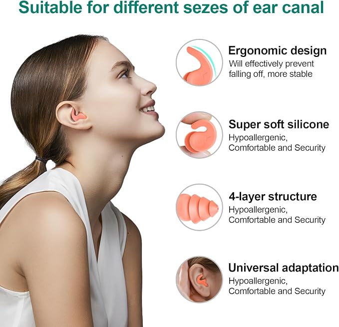 Swimming Ear Plugs for Adults, 3 Pairs Waterproof Reusable Silicone Swim - Image 2