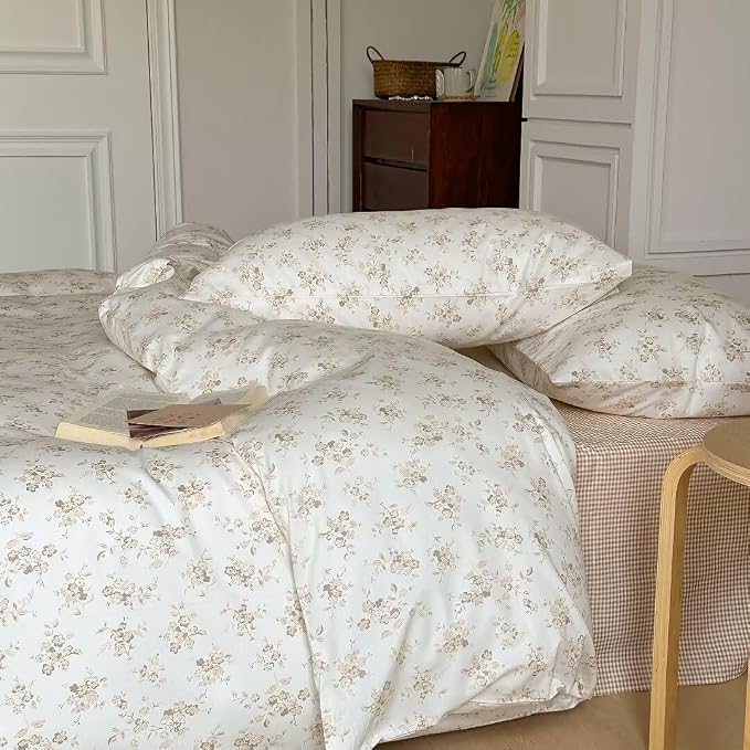 MKXI White Garden Duvet Cover Beige Floral 100% Cotton Coquette Duvet Cover - Image 7