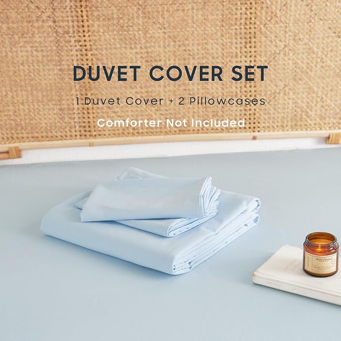 Wake In Cloud - Cotton Duvet Cover Set, Queen Size, Sky Blue, 100% Washed Cotton - Image 2