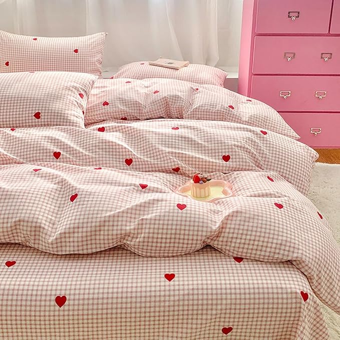 Nayoroom Gingham Duvet Cover Queen Size Pink Plaid Red Heart Printed on White - Image 7