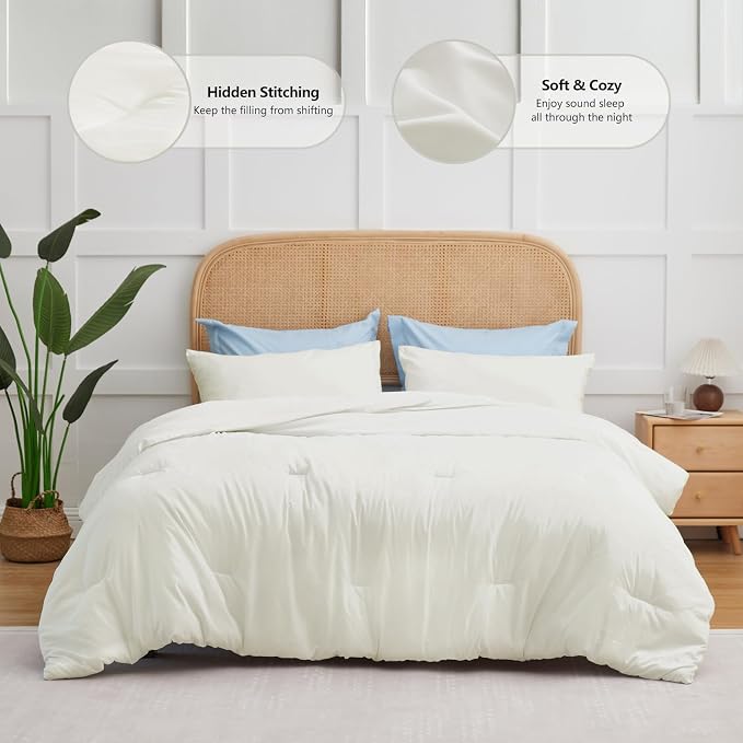 CozyLux Full Size Comforter Set Ivory, 3 Pieces Solid Breathable Quilted - Image 2