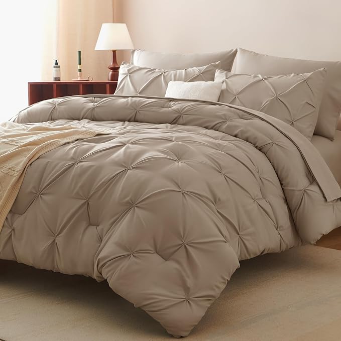 CozyLux Full Size Comforter Sets Khaki, 7 Pieces Pintuck Bed in A Bag Khaki - Image 7