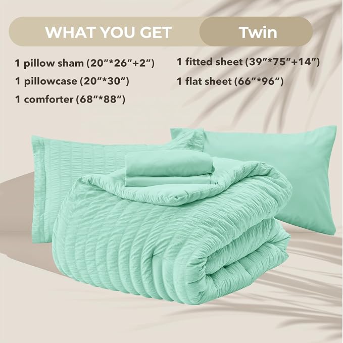 HYMOKEGE Mint Green Twin Comforter Set Seersucker 5 Pieces, All Season Luxury - Image 6