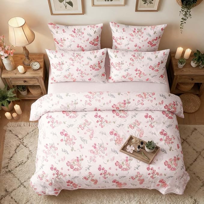 Nayoroom Pink Floral Duvet Cover Queen Size Spring Botanical Blooms Flower - Image 3