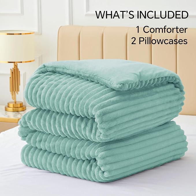 BEDELITE Fleece King Comforter Set -Super Soft & Warm Fluffy Haze Blue Bedding - Image 6