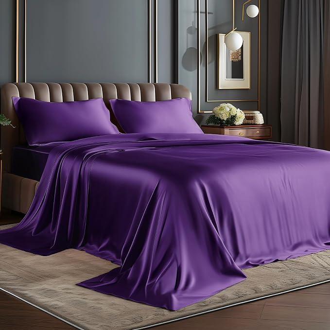 BEDELITE Satin Sheets Twin XL Size Bed Set, Luxury Soft Plum Purple Sheets by BEDELITE