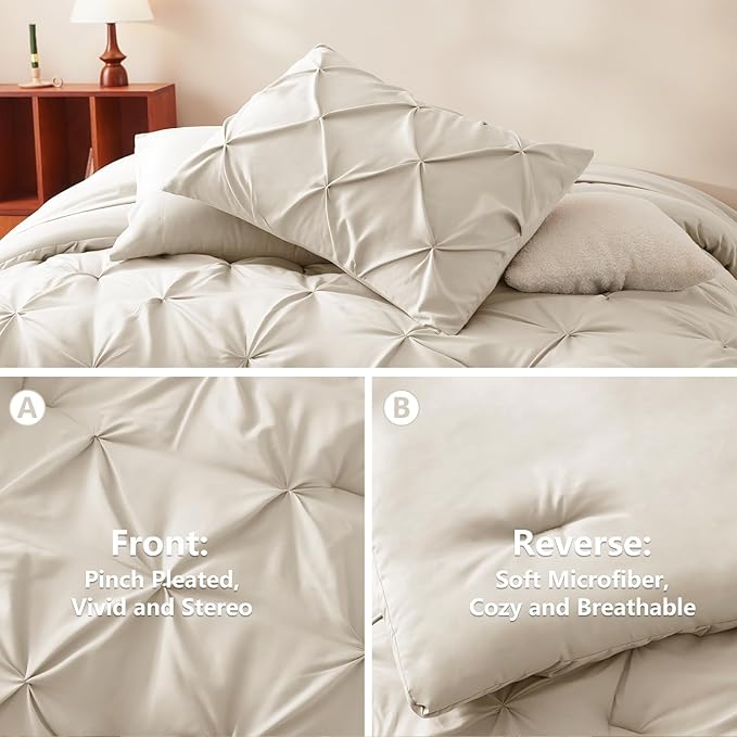 HIMEET Pintuck Bed in a Bag, 5 Pieces Twin Comforter Set Beige, Pinch Pleat Bed - Image 3