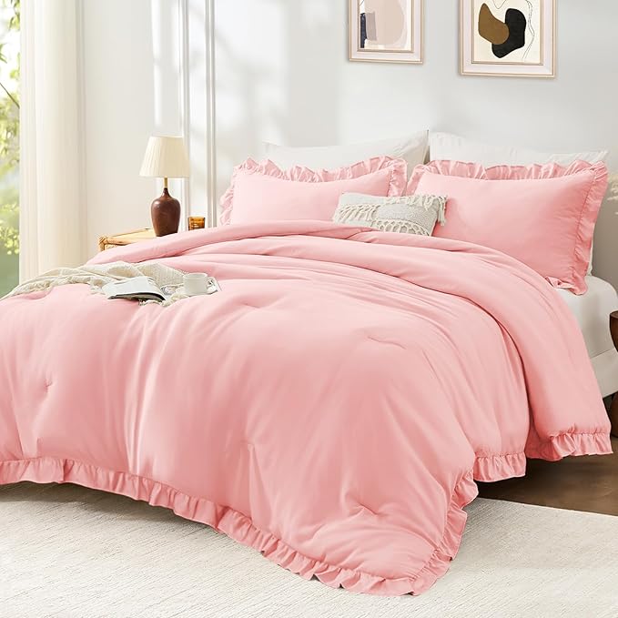 FUANNA King Size Comforter Set Pink, 3 Pieces Ruffle King Bedding Set, Fluffy by FUANNA