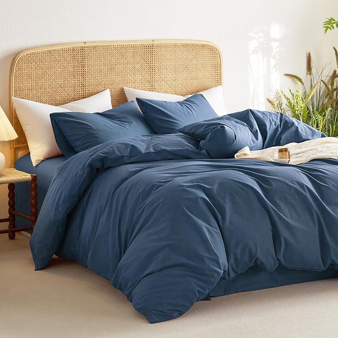 Wake In Cloud - Cotton Duvet Cover Set, Full Size, Dark Navy Blue, 100% Washed - Image 3