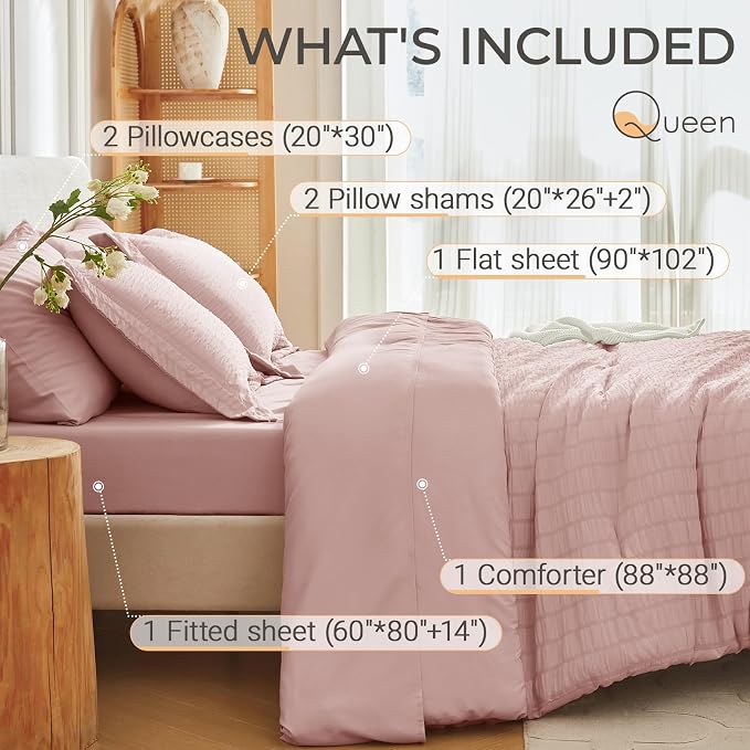 MUXHOMO 7 Pieces Queen Comforter Set, Seersucker Bed in a Bag Queen Size - Image 4