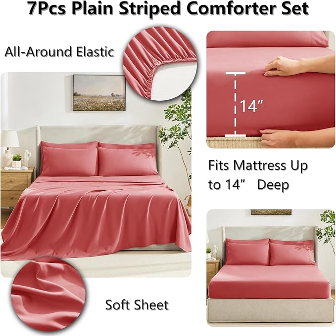CozyLux Queen Comforter Set Coral, 7 Pieces Bed in a Bag, Coral Comforters - Image 5
