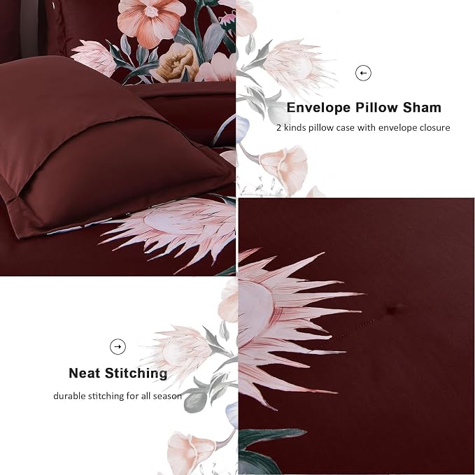 Luxudecor Burgundy Floral Comforter Set King Size 7 Piece, Flower Bed in a Bag - Image 6