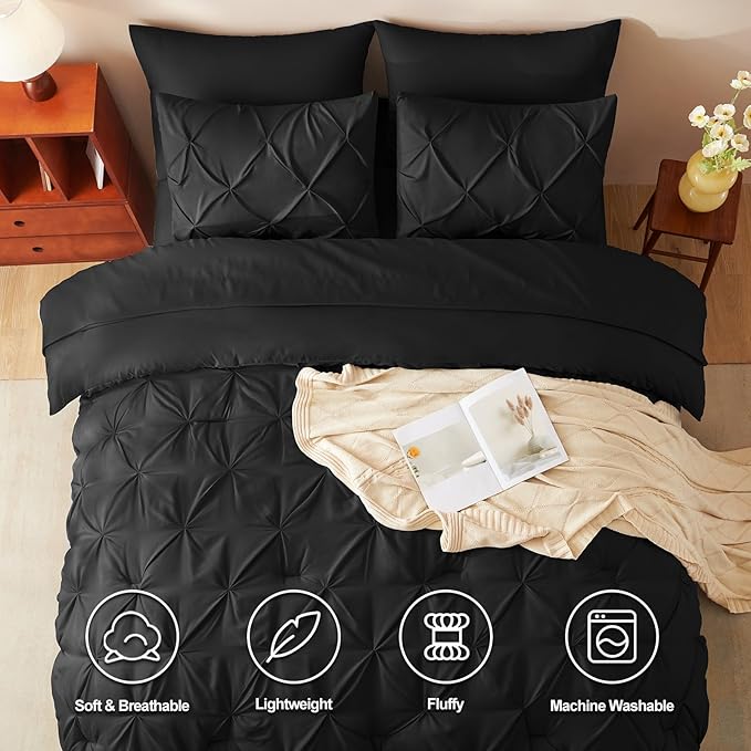 CozyLux King Size Comforter Set Black, 7 Pieces Pintuck Bed in A Bag Black - Image 2